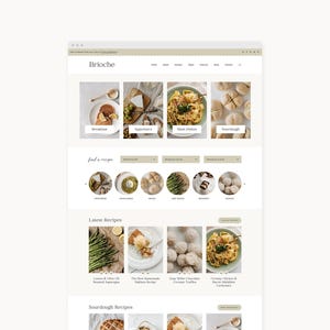 May include: A website interface for a food blog titled Brioche, featuring a navigation menu, a hero section with four recipe categories, a search bar, circular recipe icons, and a Latest Recipes section with images of asparagus and pasta.