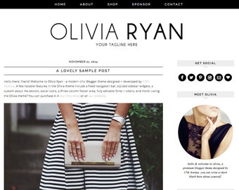 Blogger Template Premade Blog Design - "Olivia Ryan" Instant Digital Download, Black and Simple