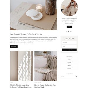 May include: Website homepage featuring the Amelia James brand. The design is minimalist with a neutral color palette. Articles cover topics like working from home, bedroom decor, and wardrobe staples. The site includes a newsletter signup and links to social media.