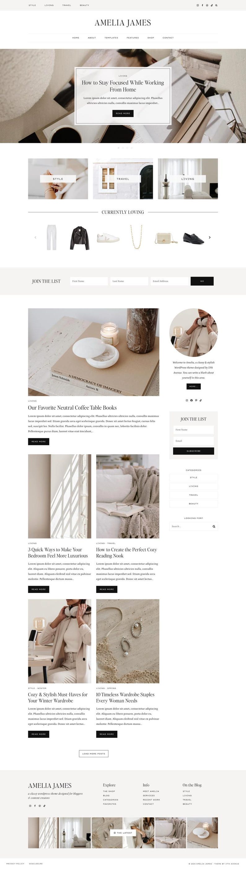 May include: Website homepage featuring the Amelia James brand. The design is minimalist with a neutral color palette. Articles cover topics like working from home, bedroom decor, and wardrobe staples. The site includes a newsletter signup and links to social media.