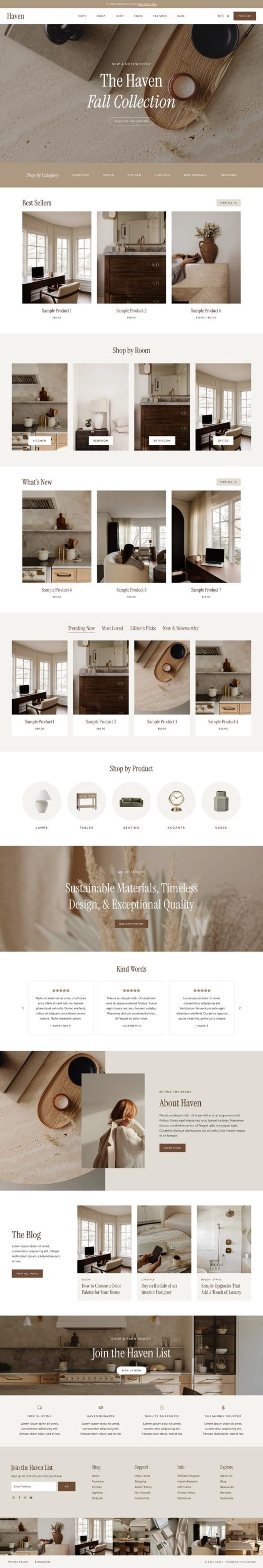 Pu&ograve; includere: Pagina iniziale del sito web di Haven, con la Fall Collection. La pagina presenta vari articoli per l'arredamento della casa, tra cui lampade, tavoli, sedute e vasi. Il sito mette in evidenza materiali sostenibili e design senza tempo.
