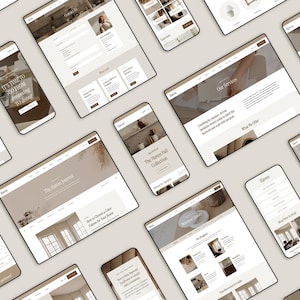 Pu&ograve; includere: Una collezione di dispositivi digitali, tra cui smartphone e tablet, mostra un sito web con una palette di colori neutri. Gli schermi presentano varie pagine web con testo e immagini, promuovendo un tema di arredamento per la casa.