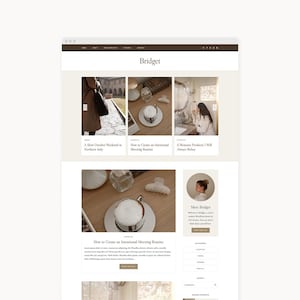 Könnte beinhalten: Eine Website-Oberfläche mit dem Titel Bridget, die eine Navigationsleiste, einen Bereich mit drei Blog-Beitragsvorschauen und einen Hauptinhalt mit einem Beitrag mit dem Titel How to Create an Intentional Morning Routine enthält.