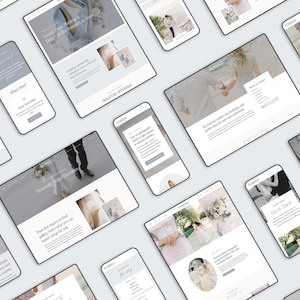 May include: A collection of digital devices, including smartphones and tablets, displaying a website design. The website features images of weddings and text in a clean, modern layout. The devices are arranged on a light gray surface.