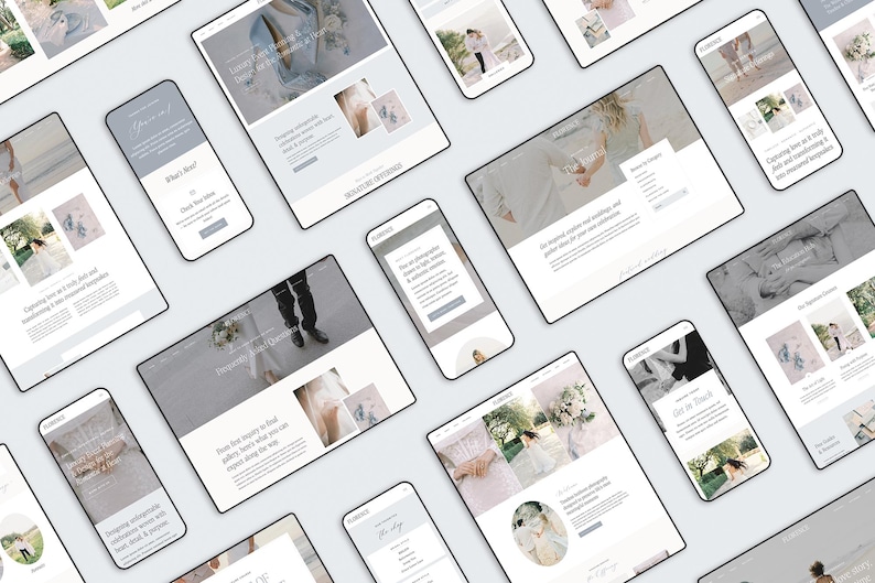 May include: A collection of digital devices, including smartphones and tablets, displaying a website design. The website features images of weddings and text in a clean, modern layout. The devices are arranged on a light gray surface.