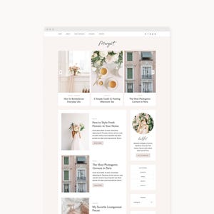 May include: A website layout for a blog titled Margot, featuring a light beige color scheme, a navigation menu, and multiple image-based post previews. The content includes articles on hosting afternoon tea, styling fresh flowers, and Paris.