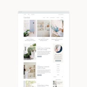 Puede incluir: Un diseño de sitio web titulado Caroline que presenta un menú de navegación, varias vistas previas de publicaciones de blog con imágenes de interiores, una barra lateral con una sección Meet Caroline y enlaces de texto en una cuadrícula.