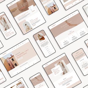 May include: Smartphones and tablets showing a website with a neutral colour scheme. The website includes images of a person, text, and a house. The devices are arranged at different angles against a white background.