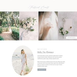 May include: Website homepage for Florence, a luxury event planning and design company. The page features elegant design elements, including images of wedding details, floral arrangements, and a bride. Text includes service offerings and testimonials.
