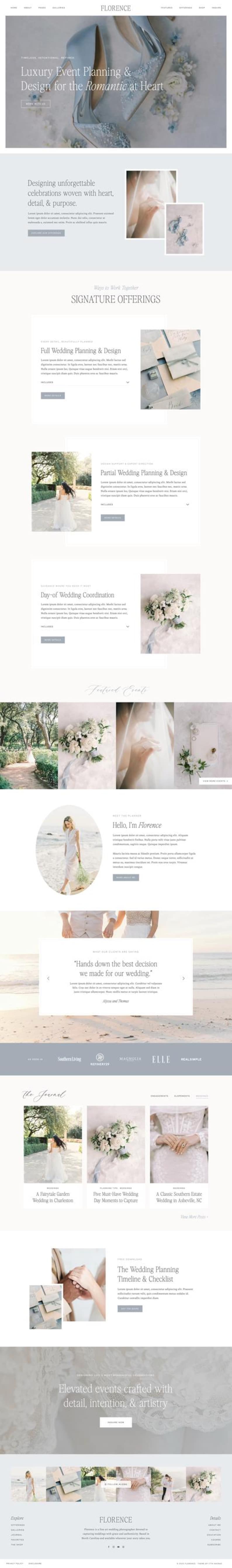 May include: Website homepage for Florence, a luxury event planning and design company. The page features elegant design elements, including images of wedding details, floral arrangements, and a bride. Text includes service offerings and testimonials.