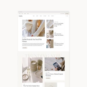 May include: A website mockup with a minimalist design. The top section features a blog post titled "Stylish Neutrals You Need This Winter." Below, the "TRENDING NOW" section showcases lifestyle content, including articles on creating a minimal capsule wardrobe.