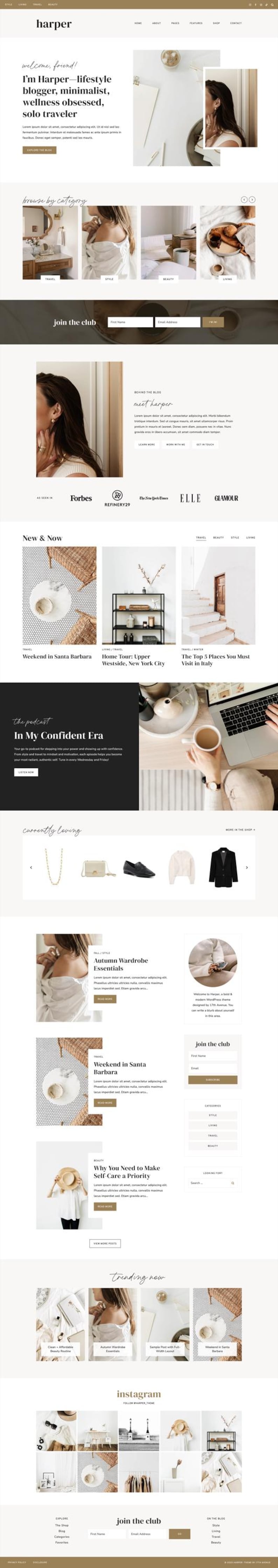 Puede incluir: P&aacute;gina de inicio del blog de estilo de vida "harper", con un dise&ntilde;o minimalista. El sitio incluye secciones para publicaciones de blog, categor&iacute;as y un formulario de registro al bolet&iacute;n. La paleta de colores es neutra, con tonos beige y blanco.