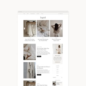 May include: A website layout titled Ingrid featuring a navigation menu, a grid of blog post thumbnails with titles like How I Keep Our Home Feeling Calm & Collected, My Sunday Reset Routine, and Chicago Guide the Perfect 3-Day Itinerary.