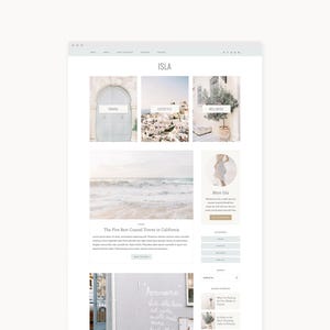 Op de afbeelding: Een website-indeling voor een merk genaamd ISLA met een navigatiemenu, een koptekst met de titel ISLA en een raster van afbeeldingen met de labels Travel, Lifestyle en Wellness. De pagina bevat een grote foto van oceaangolven en tekst.
