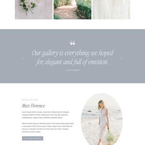 May include: Website design for Florence, a wedding photography service. The site features a clean, minimalist aesthetic with soft, muted colors. Images showcase wedding details, floral arrangements, and couples.