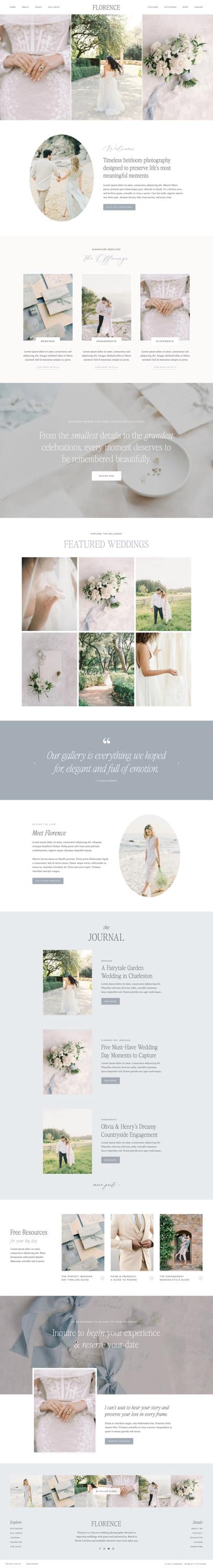 May include: Website design for Florence, a wedding photography service. The site features a clean, minimalist aesthetic with soft, muted colors. Images showcase wedding details, floral arrangements, and couples.
