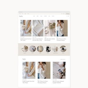 May include: A website design with a minimalist style, titled "Sophia." The site displays blog posts with titles such as "Stylish Neutrals You Need This Winter" and "How to Create Rituals & Lean into Slow Living." The design uses a neutral colour palette.