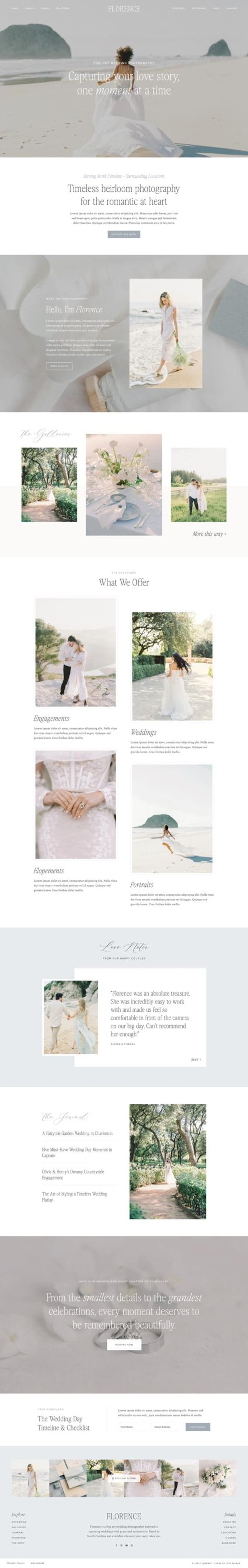 May include: Website homepage for Florence, a fine art wedding photography service. The page features images of couples, weddings, and elopements. Text includes "Capturing your love story, one moment at a time."