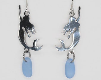 Sea Glass Earrings: RARE Cornflower Blue, Mermaid Jewelry, Sterling Silver