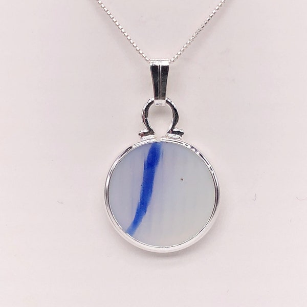 Sea Glass Pendant  | Ohajiki Game Piece | Beach Glass Necklace | Japanese Sea Glass | White & Blue | GENUINE  | RARE | As Found |