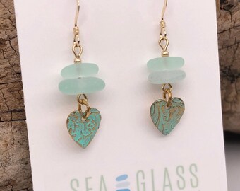 Sea Glass Earrings | Sea Foam | Heart Jewelry | Beach Glass Earrings | Jewelry Quality Sea Glass | Embossed Heart Dangles | Unique |