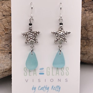 Sea Glass Earrings | Turquoise Sea Glass | Beach Glass Earrings | Starfish Jewelry | Sea Glass Dangles | Unique | French Wires | Sterling |