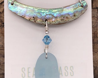 Abalone & Sea Glass Necklace | Sea Glass Pendant | Light Blue Sea Glass | Japanese Sea Glass | Genuine Abalone  | Beach Glass Jewelry |