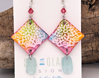 Sea Glass Earrings |  Light Blue Sea Glass | Beach Glass Earrings | Boho Style | Artisan Hand Made Clay Dangles | Colorful  | Unique |