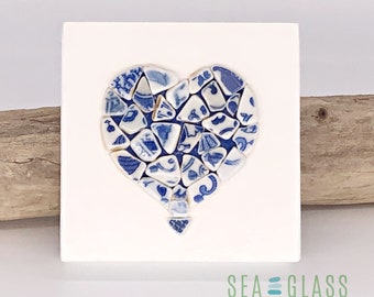 one of a kind Heart sea glass inspired blue and white tumbled pottery pendant beach pottery heart