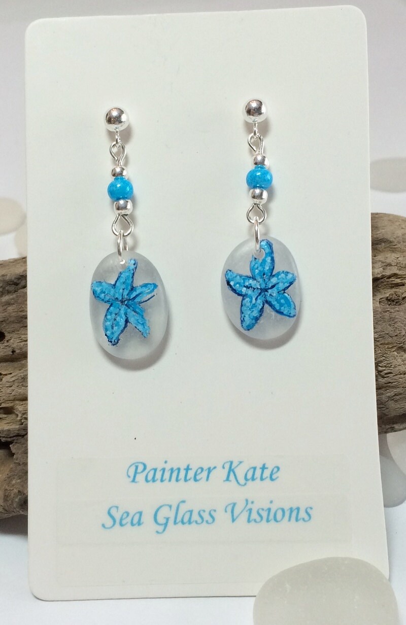 Sea Glass Earrings Handpainted Sea Glass Jewelry Star Fish Etsy