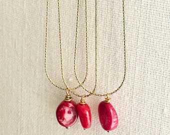 Tiny Red Coral Chain Necklace, Dainty Red Coral Necklace, Tiny Coral Pendant Layering Necklace