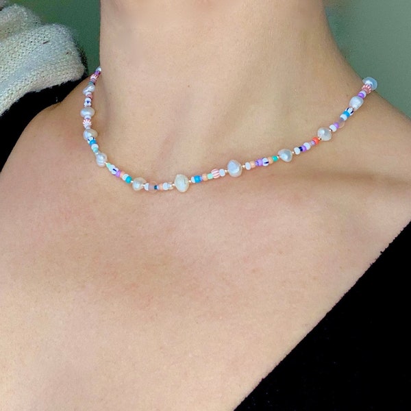 Seed Bead Pearl Necklace, Rainbow Bead Necklace with Pearls, Colorful Beaded Necklace with Freshwater Pearls, MultiColor SeedBead Necklace