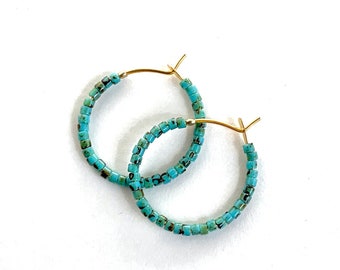 Small Turquoise Beaded Hoop Earrings, Turquoise Seed Bead Hoops, Beaded Hoops, Seed Bead Hoop Earrings, Minimalist Hoop Earrings