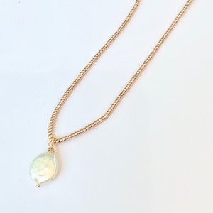 Seed Bead Necklace, Freshwater Coin Pearl Beaded Necklace, Thin Gold Beaded Necklace with Pearl, Gold Beaded Necklace with Pearl Pendant