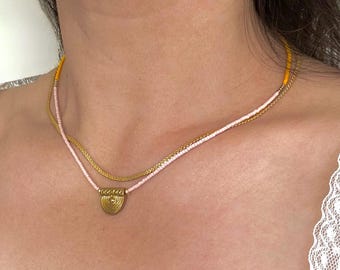 Mallorca Beaded Pendant Necklace, Brass Pendant Seed Bead Necklace, Thin Beaded Necklace, Colorful Seed Bead Necklace, Necklace for Layering