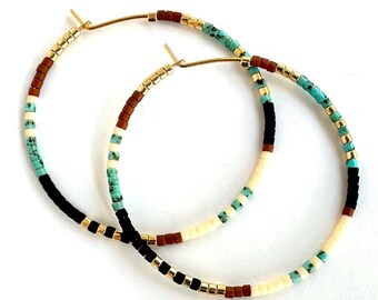 Desert Beaded Hoop Earrings, Large Seed Bead Hoops, Colorful Beaded Hoops, Beaded Hoop Earrings, Seed Bead Hoop Earrings
