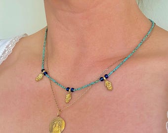 Gold Brass Charm Necklace, Beaded Layering Necklace, Delicate Handmade Jewelry, Handmade Beaded Necklace, Minimalist Global Style