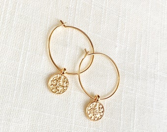 Coin Medallion Hoops, Gold Plated Thin Hoops, Gift for Her, Simple Gold Hoops with Charm, Coin Earrings, Hoop Earrings, Simple Earrings