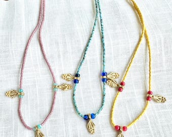 Beaded Layering Necklace, Gold Brass Charm Necklace, Delicate Handmade Jewelry, Handmade Beaded Necklace, Minimalist Global Style