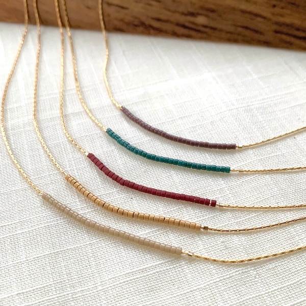 Thin Gold Chain Necklace with Seed Beads, Delicate Beaded Necklace with Colorful Seedbeads, Minimalist Beaded Chain Necklace