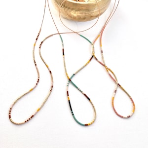 Delicate Long Beaded Necklace, Thin Colorful Necklace, Silk String Beaded Necklace, Long Minimalist Necklace,