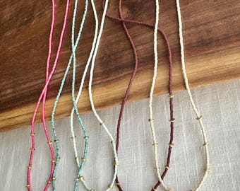 Mesa Seed Bead Necklace with Gold Disk Accents, Handmade Matte Bead Layering Necklace, Thin Beaded Necklace, Gold Disk Necklace for Layering