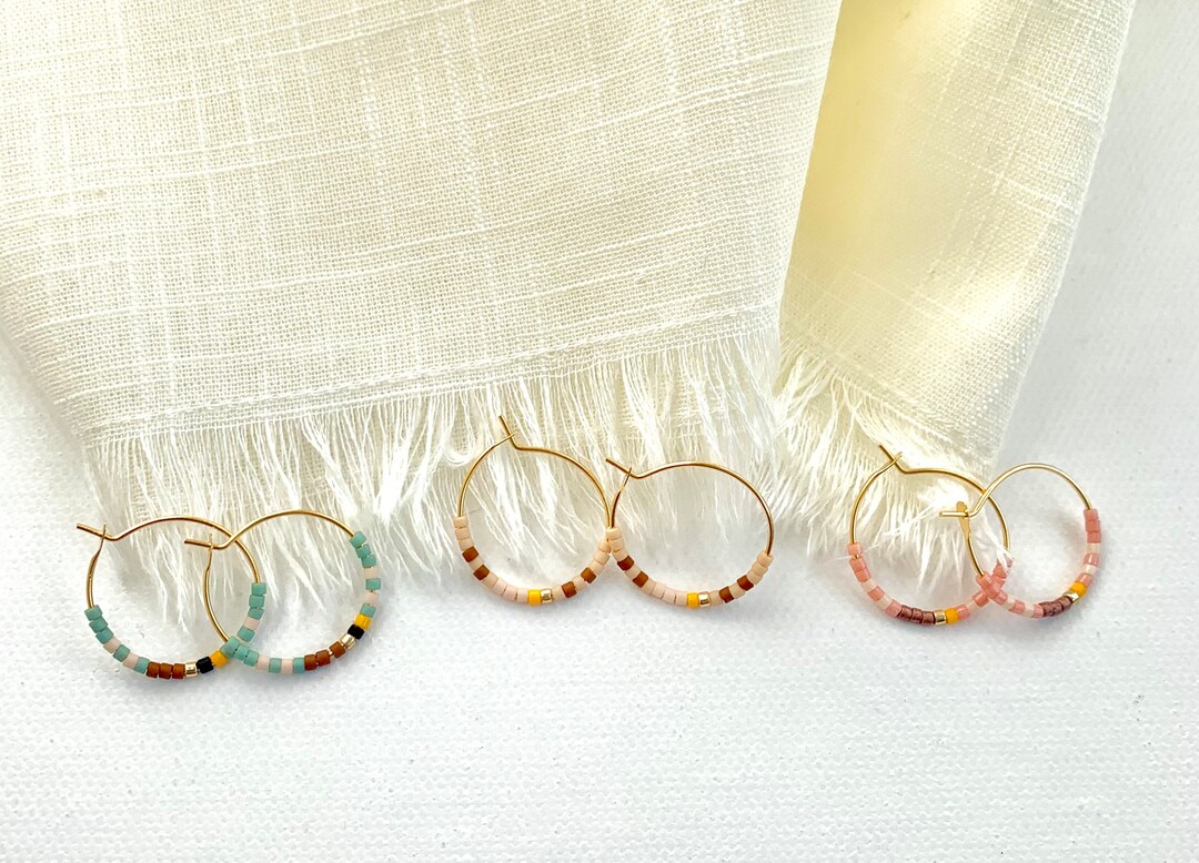 Small Beaded Hoop Earrings, Minimalist Hoop Earrings, Colorful Beaded