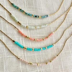 Thin Gold Chain Seed-Bead Necklace, Delicate Layering Piece, Minimalist Jewelry with Colorful Japanese Beads