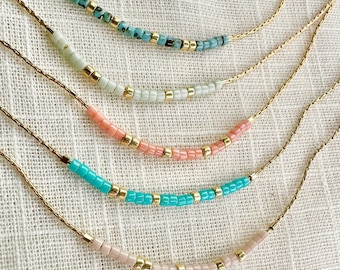 Thin Gold Chain Seed-Bead Necklace, Delicate Layering Piece, Minimalist Jewelry with Colorful Japanese Beads