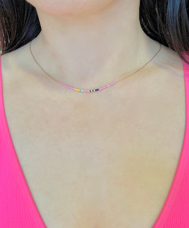 Multicolor Seed Bead Necklace Thin Beaded Necklace Tiny Etsy