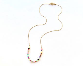 Colorful Seed Bead Necklace, Multi-color Beaded Necklace, Seed Bead Necklace, Bright Beaded Gold Chain Necklace, Chunky Beaded Necklace