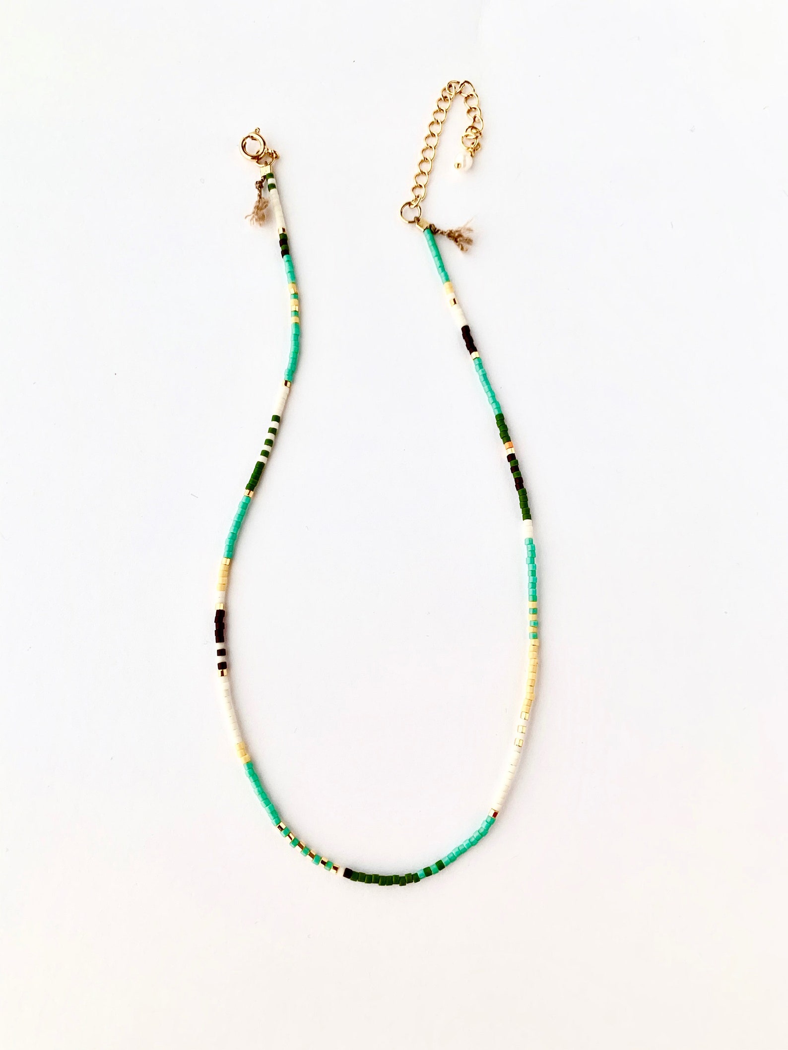 Thin Seed Bead Collar Necklace, Turquoise, Brown, Green, Mustard Yellow ...