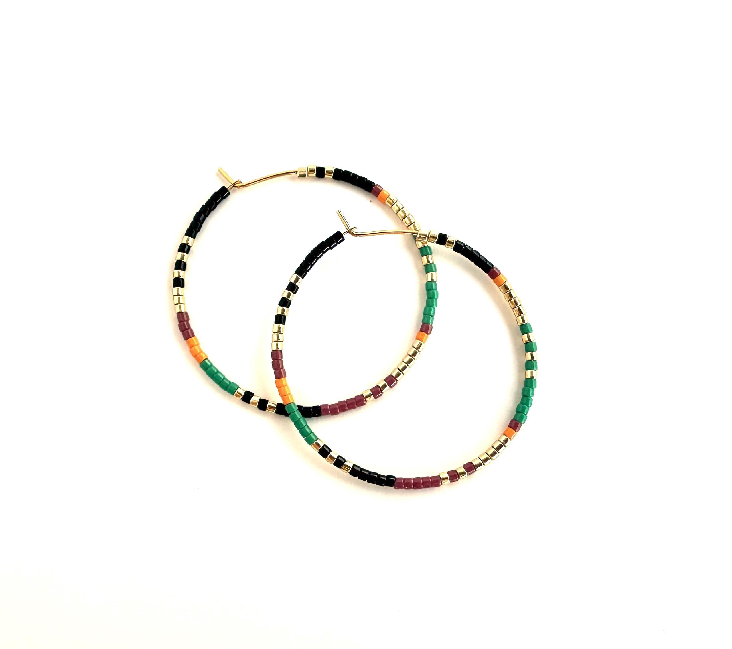 Tropical Beaded Hoop Earrings, Large Seed Bead Hoops, Colorful Beaded ...