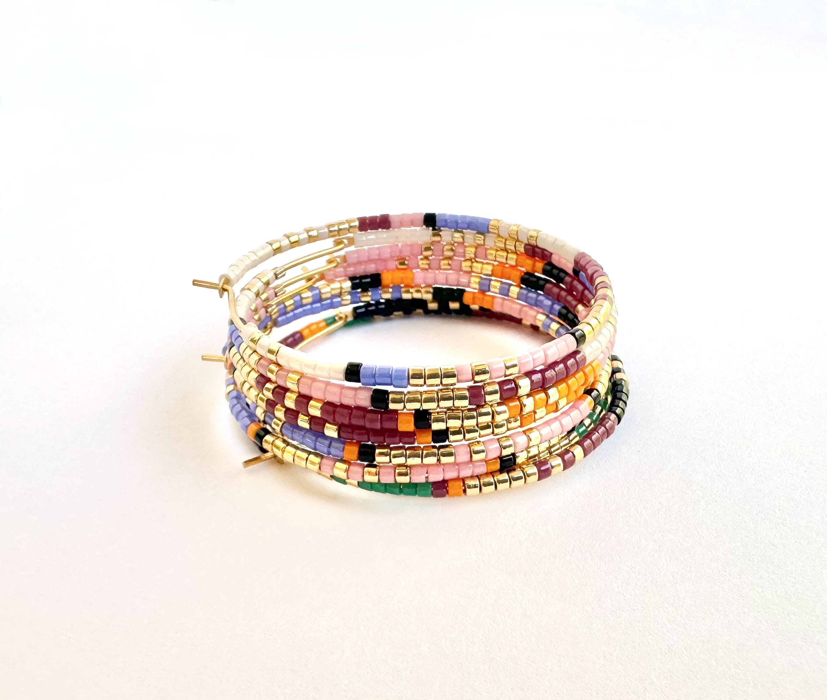 Tropical Beaded Hoop Earrings, Large Seed Bead Hoops, Colorful Beaded ...